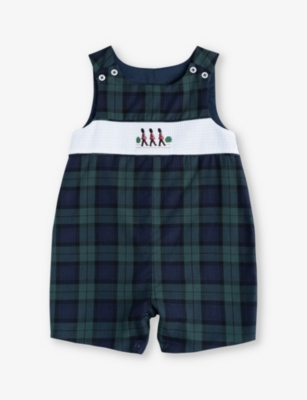 TROTTERS TROTTERS NAVY TARTAN ARCHIE GUARDSMAN-EMBROIDERED CHECKED COTTON ROMPER 3-24 MONTHS