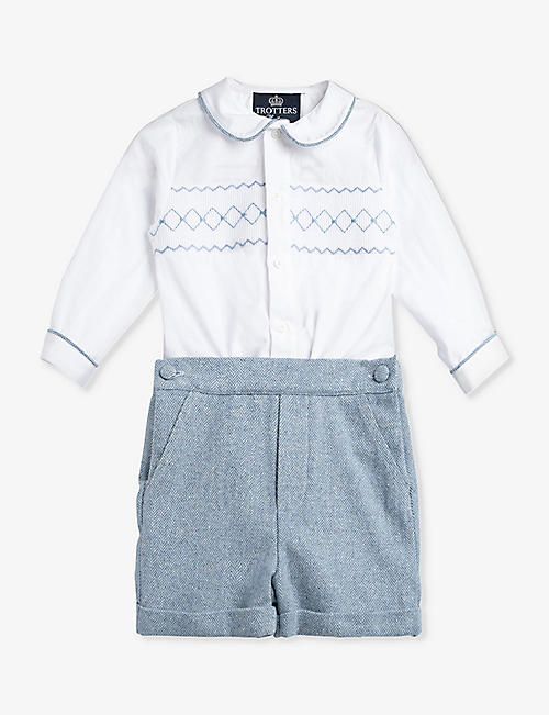 TROTTERS: Rupert embroidered-trim cotton shirt and shorts set 6 months-7 years