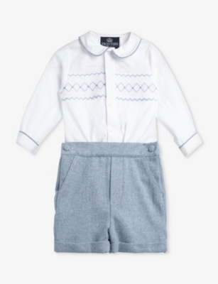 Shop Trotters Boys White / Pale Blue Kids Rupert Embroidered-trim Cotton Shirt And Shorts Set 6 Months-7