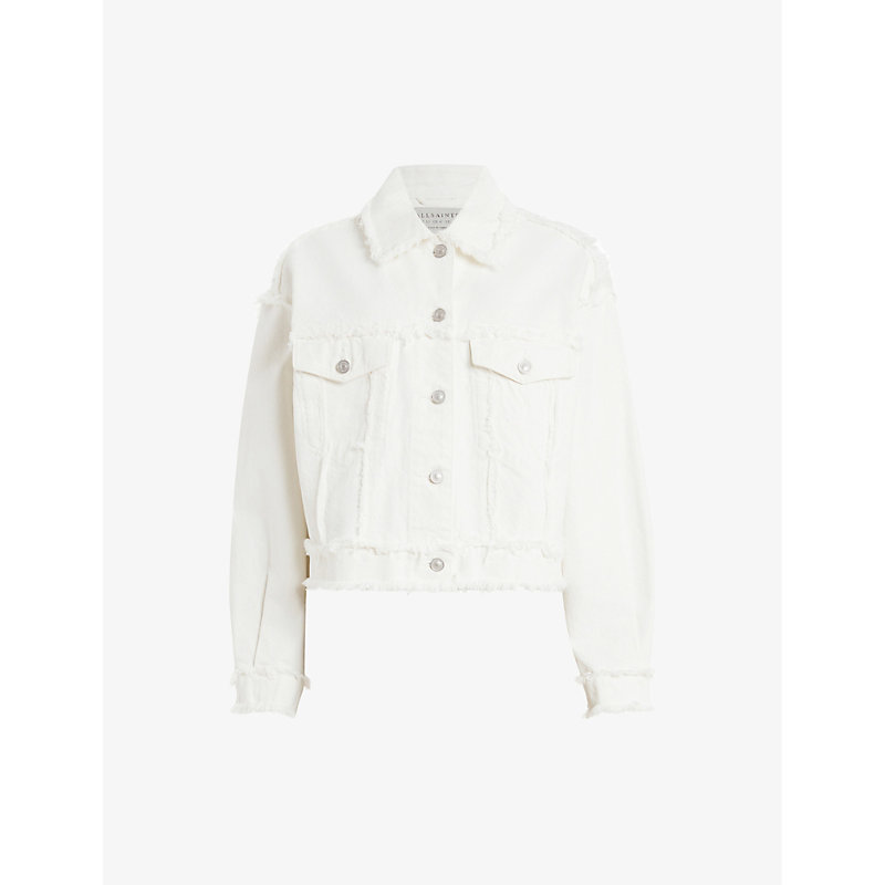 Allsaints Womens Cream White Claude Frayed Organic-cotton Denim Jacket