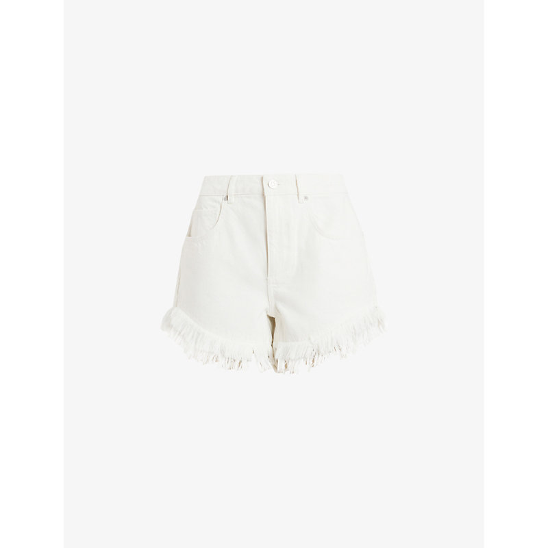 Allsaints Womens Cream White Astrid Frayed Organic-cotton Denim Shorts