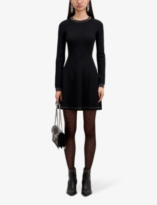 Shop The Kooples Women's Black Stud-embellished Stretch-woven Mini Dress