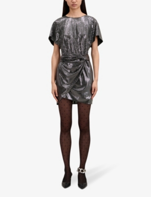 Shop The Kooples Knotted Draped Stretch Sequin-embellished Mini Dress In Silver