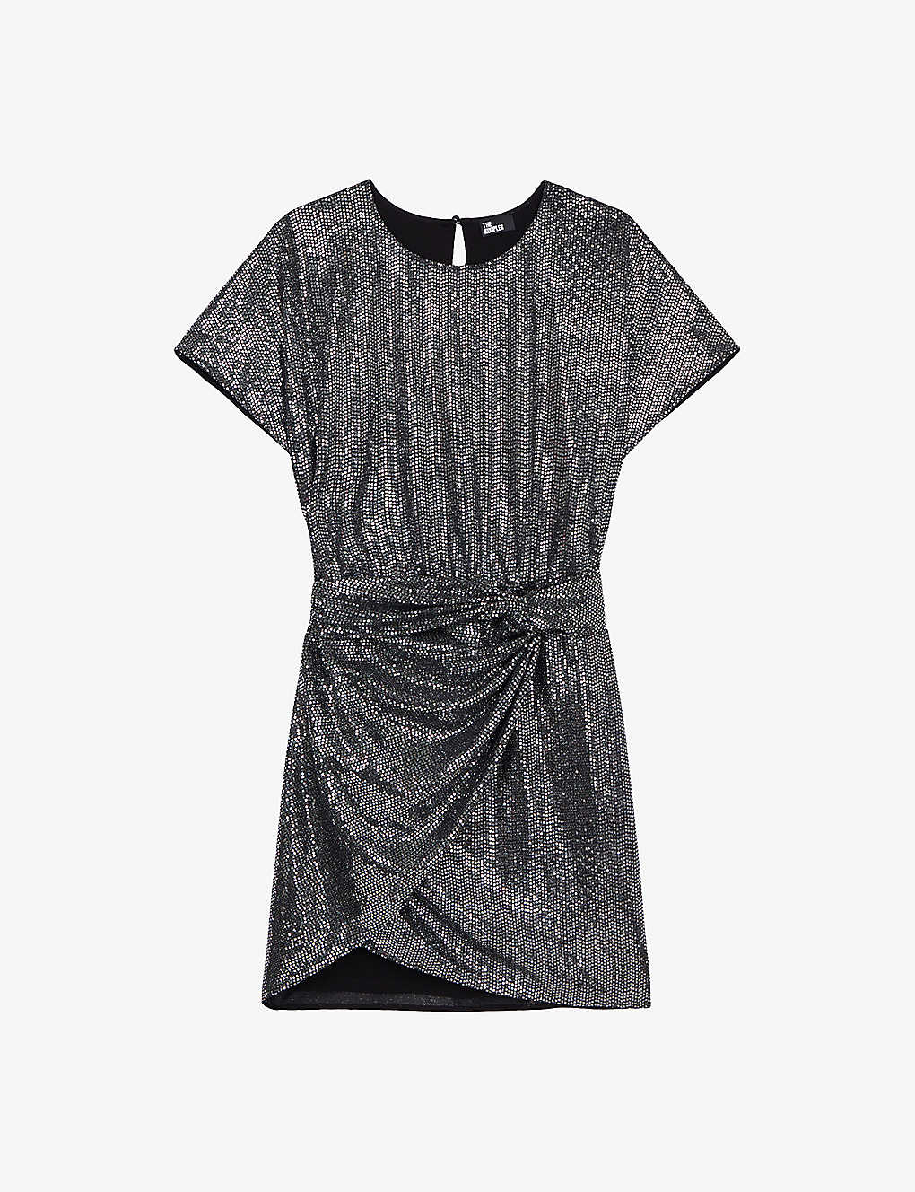 The Kooples Womens Silver Knotted Draped Stretch Sequin-embellished Mini Dress