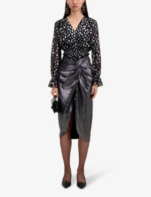 Shop The Kooples Women's Silver Sequin-embellished Wrap-front Stretch-woven Midi Skirt