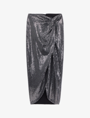 The Kooples Womens Silver Sequin-embellished Wrap-front Stretch-woven Midi Skirt