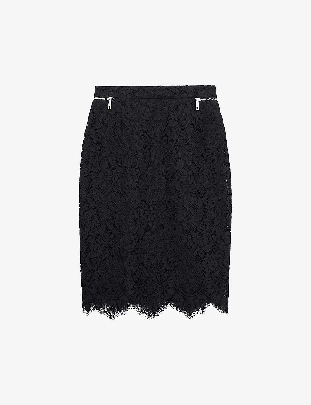 The Kooples Womens Black Floral-lace Zip-embellished Woven Mini Skirt