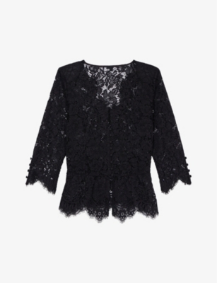 Shop The Kooples Womens Black Sweetheart-neck Scalloped-trim Lace Top