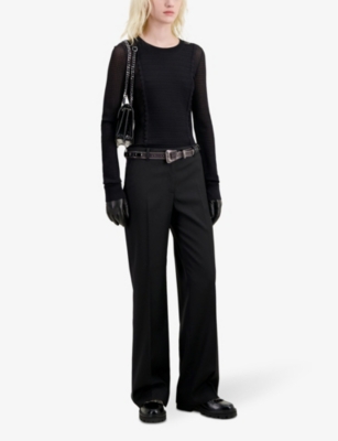 Shop The Kooples Women's Black Pressed-crease Straight-leg High-rise Wool Trousers