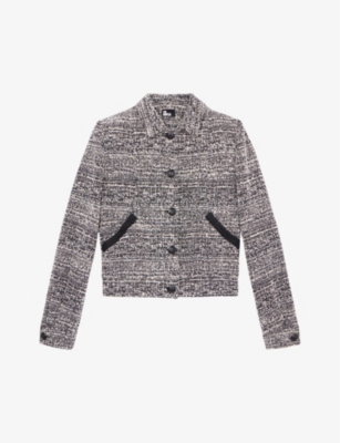 The Kooples Womens Black White Braided Straight-fit Tweed Jacket