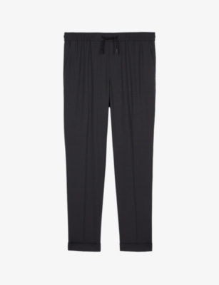 Shop The Kooples Men's Dark Grey Elasticated-waist Tapered-leg Stretch-woven Trousers