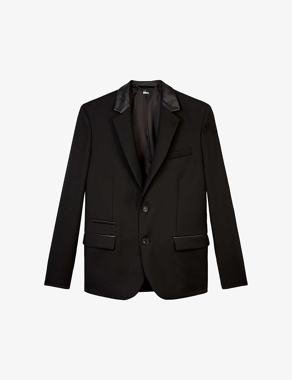 The Kooples Leather-trim Collar Single-breasted Wool Blazer In Black