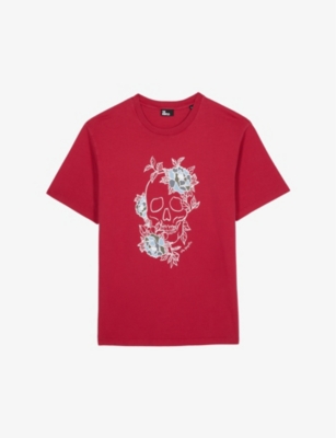 Shop The Kooples Skull-embroidered Cotton T-shirt In Cherry