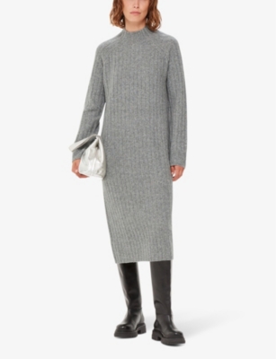 Shop Whistles Omens  High-neck Relaxed-fit Stretch Wool-blend Midi Dress In Grey
