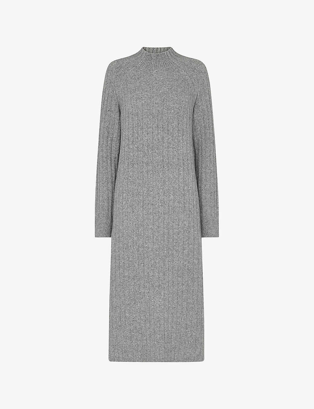 Whistles Womens Grey High-neck Relaxed-fit Stretch Wool-blend Midi Dress