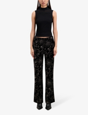 Shop The Kooples Women's Black Floral-stitch Straight-leg Mid-rise Woven Trousers