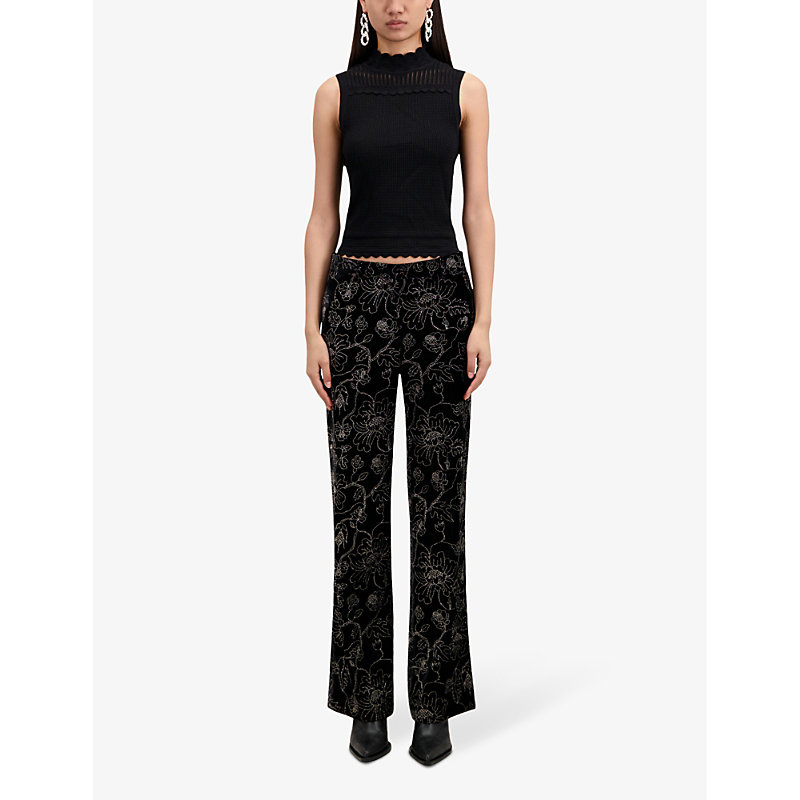 Shop The Kooples Floral-stitch Straight-leg Mid-rise Woven Trousers In Black