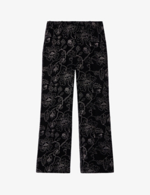 The Kooples Womens Black Floral-stitch Straight-leg Mid-rise Woven Trousers