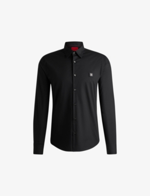 Shop Hugo Mens Black Logo-embroidered Slim-fit Stretch-cotton Shirt