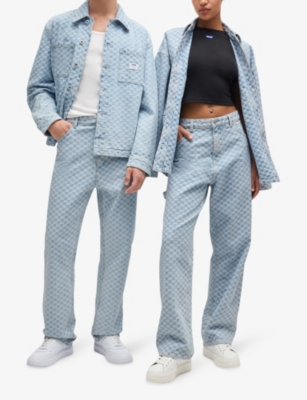 Hugo Boss Logo-trim Jacket In Checkerboard Denim In Light/pastel Blue