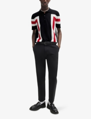 Hugo Boss Hugo Mens Black Button-neck Short-sleeve Stripe Cotton Polo In Black