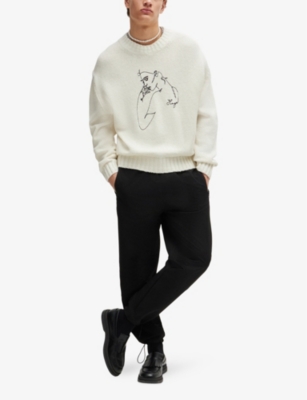 Hugo Boss Hugo Mens Open White Face-motif Relaxed-fit Wool-blend Jumper In Open White