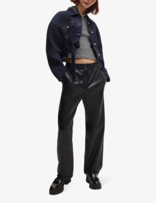HUGO BOSS WOMENS HUGO HIGH-RISE ELASTICATED-WAIST FAUX-LEATHER TROUSERS 
