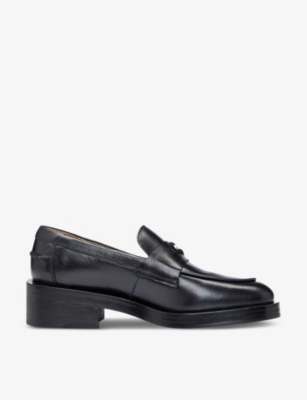 Hugo Boss Womens Moccasin Logo-plaque Leather Loafers Blac In Black