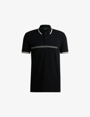 Mens Boss Stripe-Logo Regular-Fit Stretch Cotton-Blend Polo Shirt