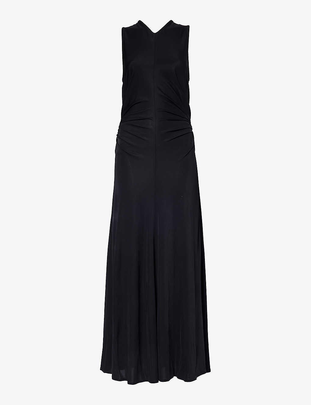 Shop Bottega Veneta V-neck Ruched Woven Midi Dress In Black