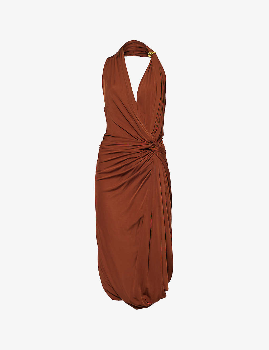 Bottega Veneta Womens Pudding Halterneck Asymmetric-hem Woven Midi Dress In Multi-coloured