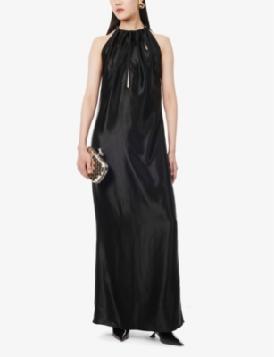 Shop Bottega Veneta Knot-embellished Split-hem Woven Maxi Dress In Black