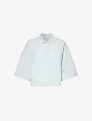 Shop Bottega Veneta Women's Light Cyan Exaggerated-sleeve Cropped Cotton Piqué Polo Shirt In Light Blue