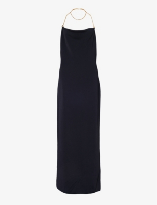 Shop Bottega Veneta Women's Black Halterneck Open-back Stretch-woven Blend Maxi Dress