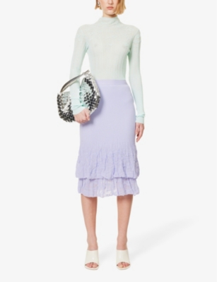 Shop Bottega Veneta Women's Amethyst Ruffled-hem High-rise Cotton-blend Midi Skirt