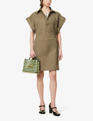 Shop Bottega Veneta Women's Dark Sand Angular-sleeve Cotton-twill Mini Shirt Dress