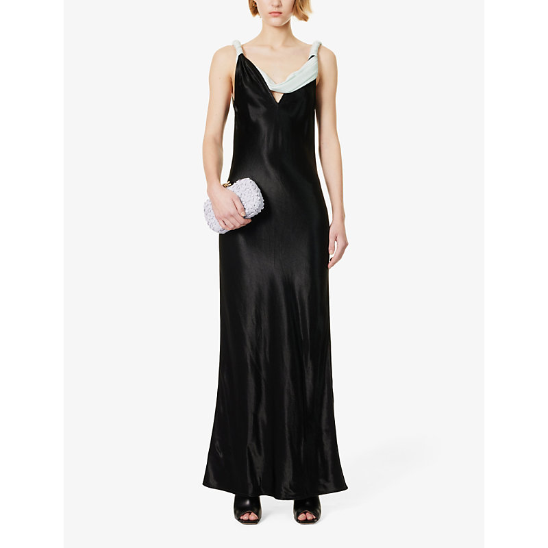 Shop Bottega Veneta Womens Black Light Cyan Draped V-neck Satin Maxi Dress In Multi-coloured