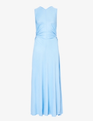 Shop Bottega Veneta V-neck Ruched-waist Jersey Maxi Dress In Blue