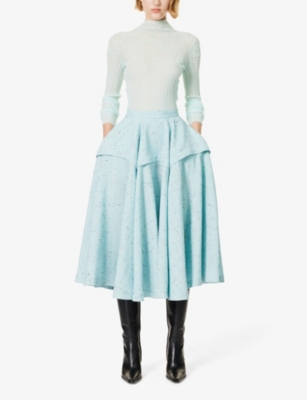 Shop Bottega Veneta Women's Pale Blue Black Exaggerated-shape Cross-hatch Woven Midi Skirt