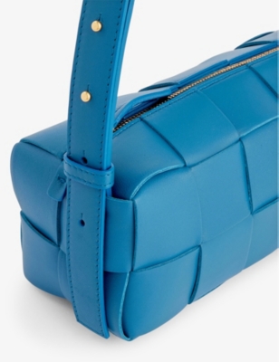 Shop Bottega Veneta Brick Cassette Intrecciato Leather Shoulder Bag In Deep Pacific-gold