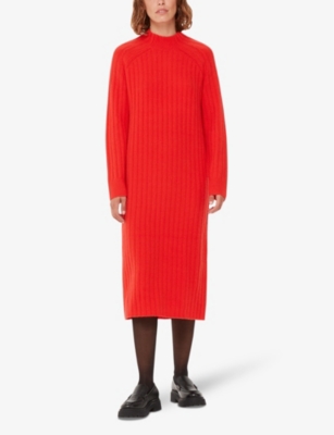 Shop Whistles Women's Red Long-sleeved Ribbed Knitted Midi Dress