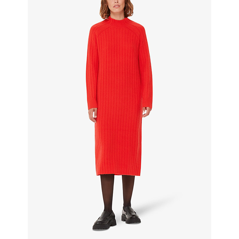 Shop Whistles Long-sleeved Ribbed Knitted Midi Dress In Red