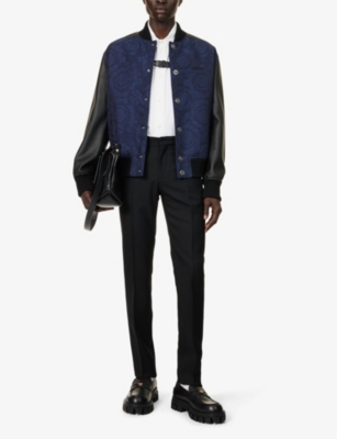 Shop Versace Mens Navy Blue Baroque-pattern Stand-collar Cotton Bomber Jacket