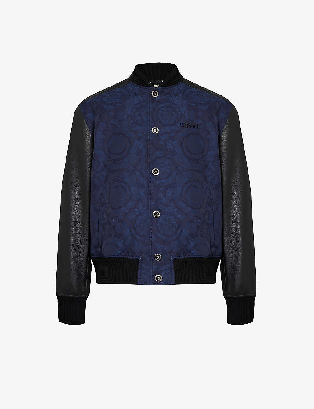 Versace Mens Navy Blue Baroque-pattern Stand-collar Cotton Bomber Jacket