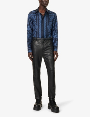 Shop Versace Baroque-print Regular-fit Silk Shirt In Navy Blue