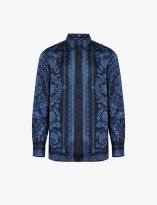 Versace Mens Navy Blue Baroque-print Regular-fit Silk Shirt