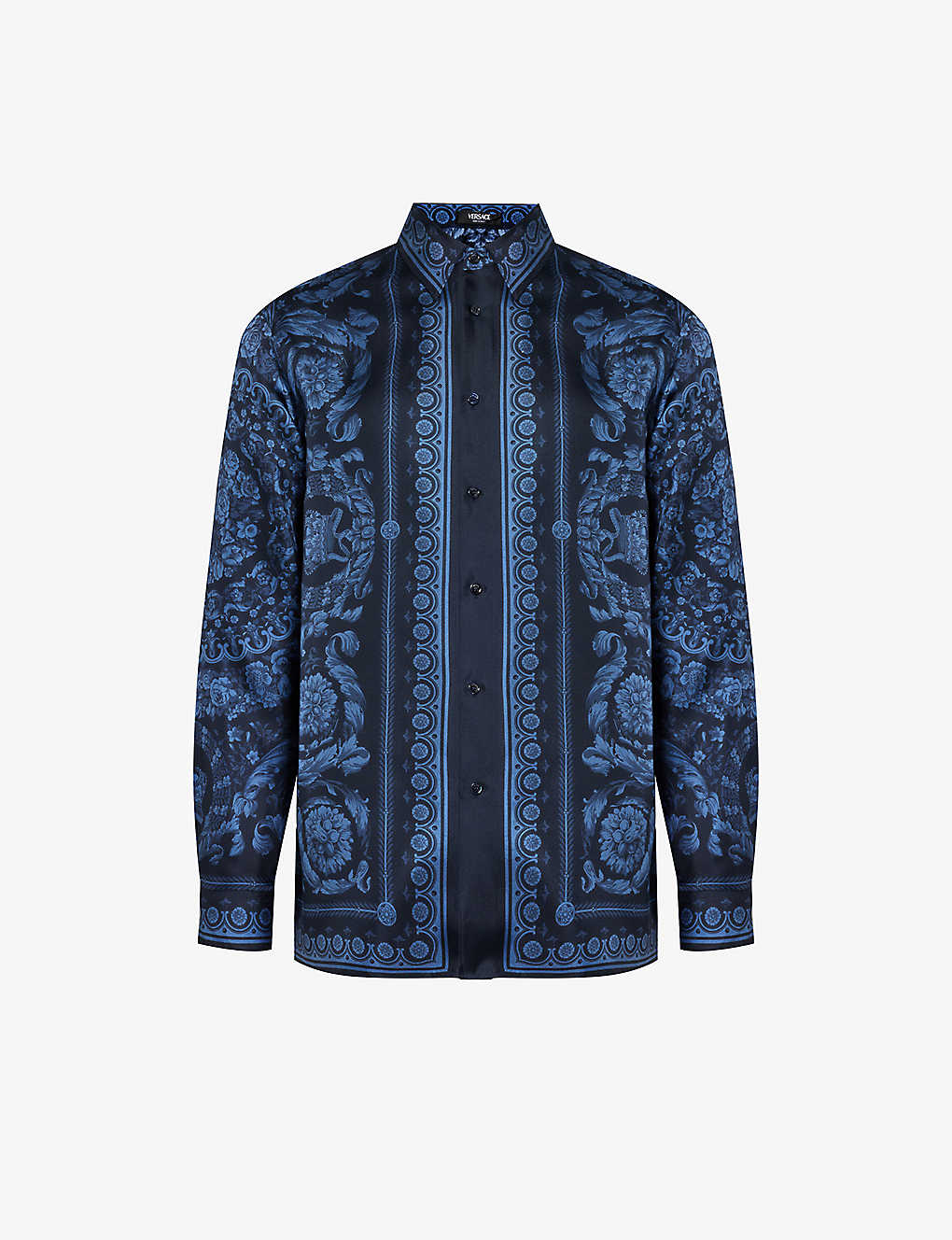 Versace Mens Navy Blue Baroque-print Regular-fit Silk Shirt