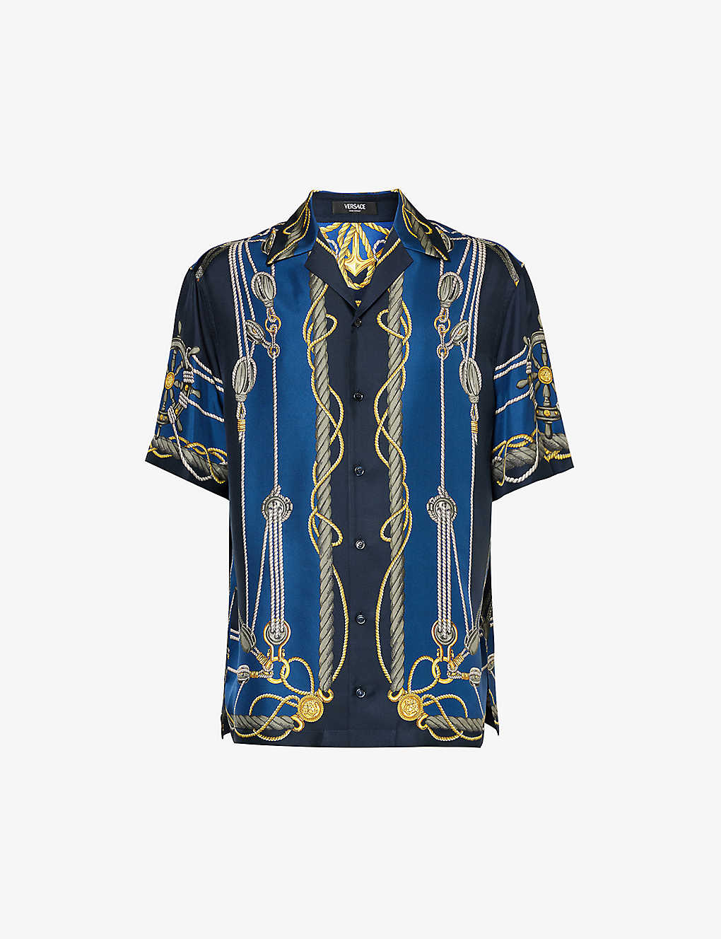 Shop Versace Men's Blue Gold Short-sleeve Brand-print Regular-fit Silk Shirt In Multi-coloured