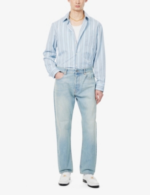 Shop Versace Men's Pale Blue Striped Chest-pocket Cotton Shirt
