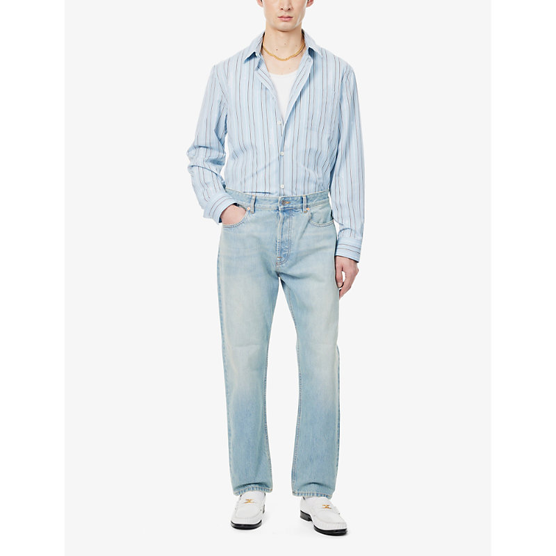 Shop Versace Striped Chest-pocket Cotton Shirt In Pale Blue